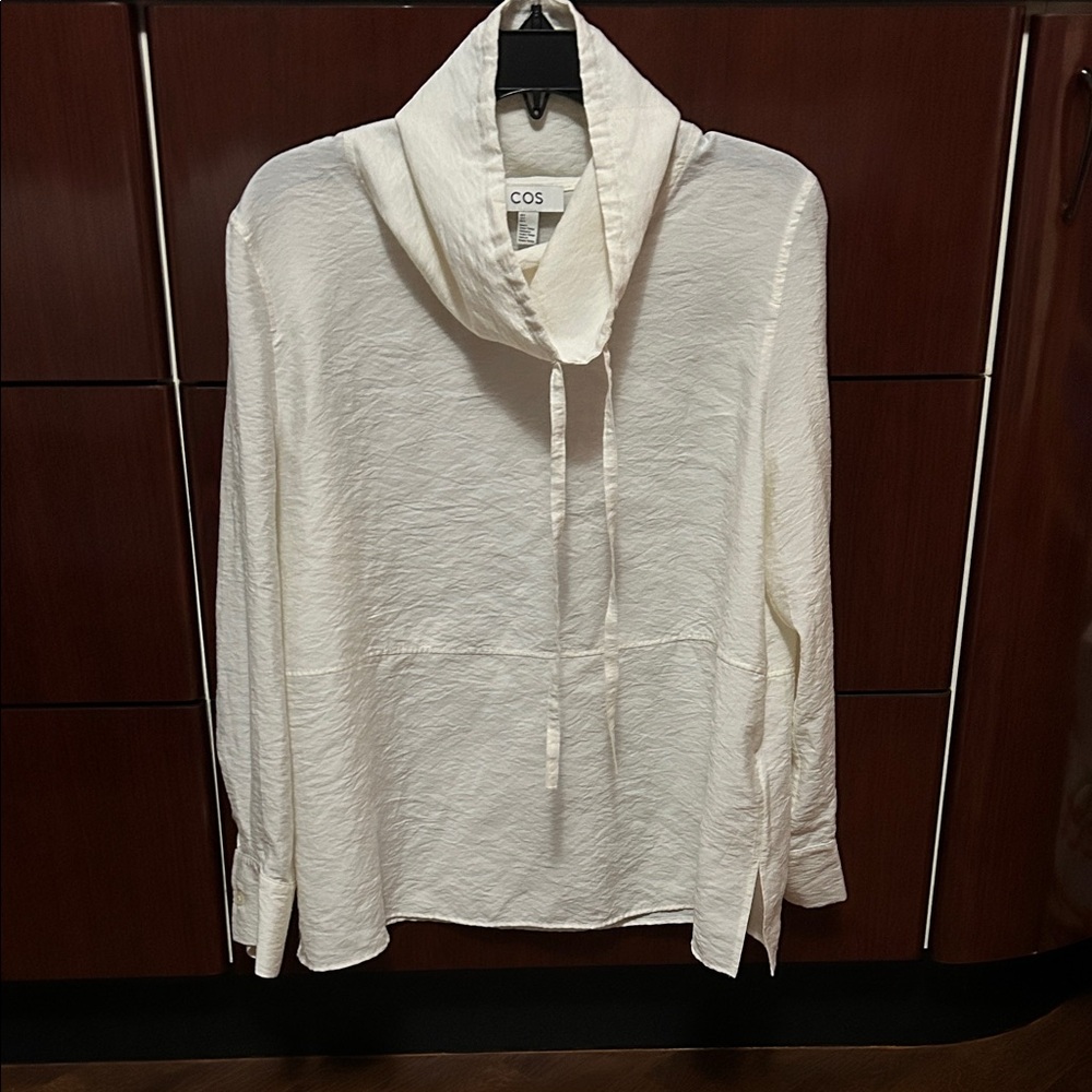 COS Cream Drawstring Collar Textured Blouse